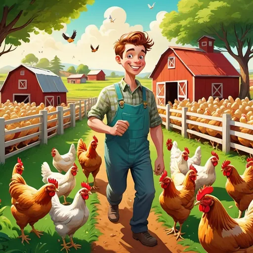 Prompt: (cartoon) young man entering his (layer poultry farm), vibrant colors, cheerful ambiance, whimsical style, full of life, playful expressions, detailed farm background with happy chickens, sunny day, lush greenery, engaging atmosphere, humorous elements, fun character design, ultra-detailed, colorful visuals, engaging composition with depth and charm.