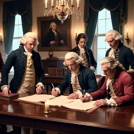 Prompt: Founding Fathers signing the Constitution, (historical scene), detailed expressions of determination and camaraderie, elegant attire of the 18th century, dim candlelit ambiance, rich mahogany table, parchment and quills scattered, soft warm tones highlighting the solemn atmosphere, intricate details in clothing, (ultra-detailed), (4K), background featuring a vintage colonial hall.