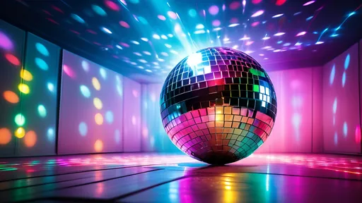 Prompt: a disco ball on a floor with colorful lights in the background stock photos - image of a disco ball on a floor with colorful lights in the background, Beeple, kitsch movement, 4 k hd wallpaper, a stock photo