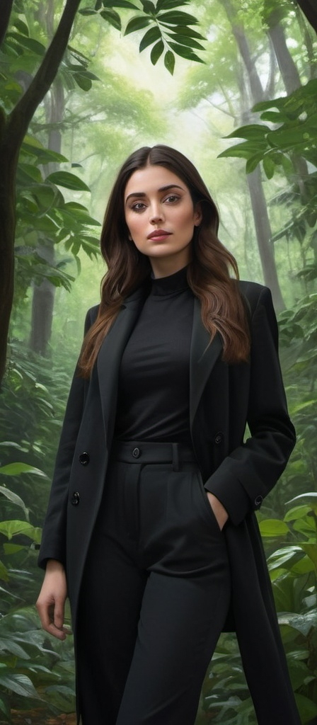 Prompt: a woman in black is standing in a forest of leaves and trees, wearing a black coat and black pants, Abdullah Gërguri, qajar art, professional photo, a character portrait