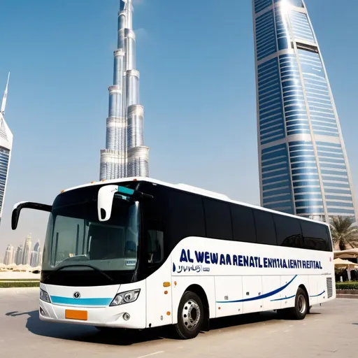 Prompt: Create an image with yutong bus parked in front of burj khalifa written brand name "Al Weam Bus Rental" on it