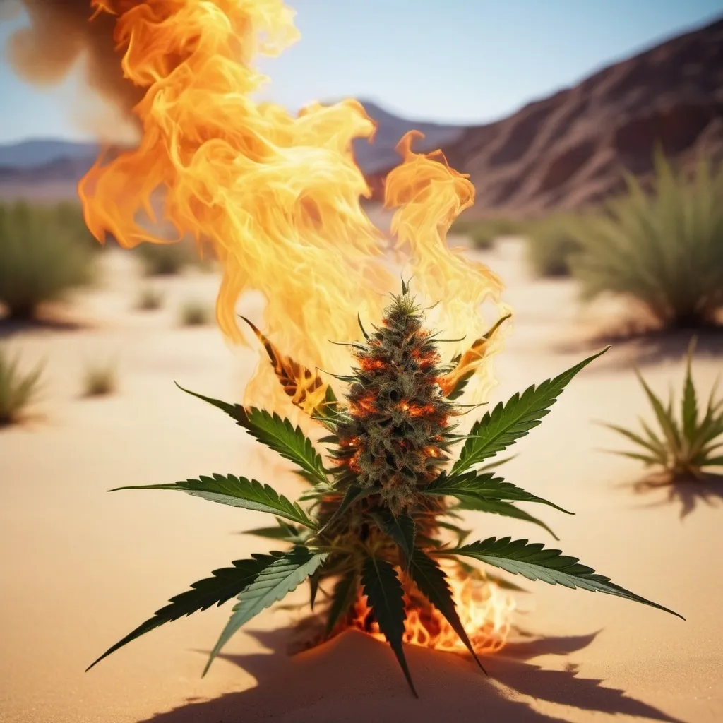 Prompt: A marijuanna bush on fire in the middle of a desert