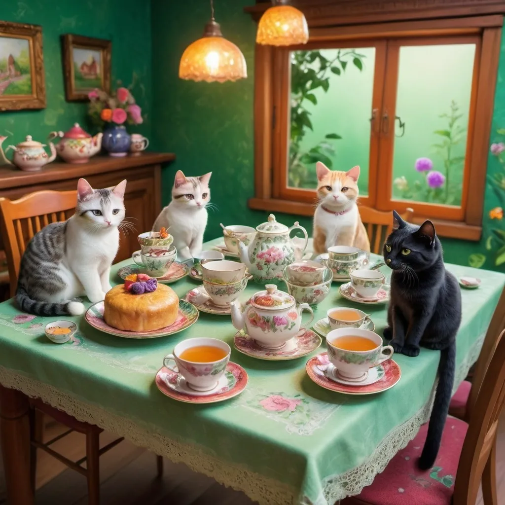 Prompt: a long table with various dishes, teppots, and tea cups with cats
sitting at the table
