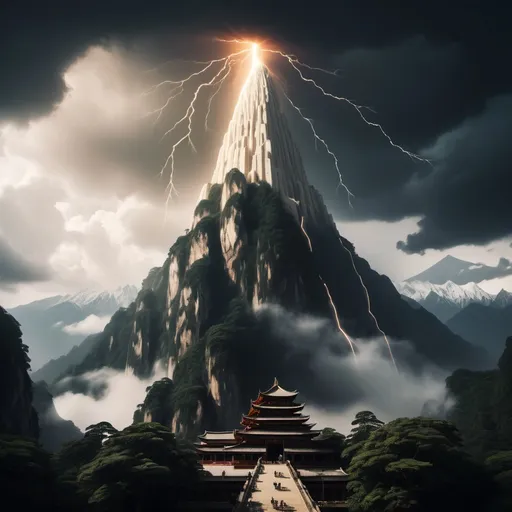 Prompt: the tallest mountain with a ivory temple atop of it. Lighting strikes the top of the tower