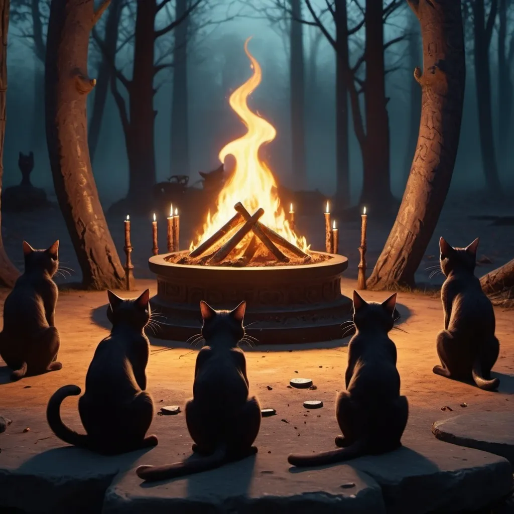 Prompt: Black cats standing aroung a bonfire. with mice sacrificing ona altar
