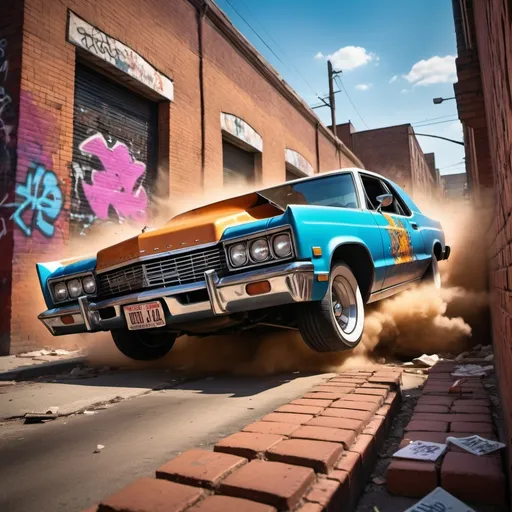 Prompt: a low rider busting through a brick wall