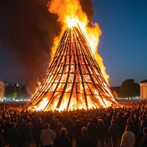 Prompt: A Giant bonfire as a mass of people dace around the fire.