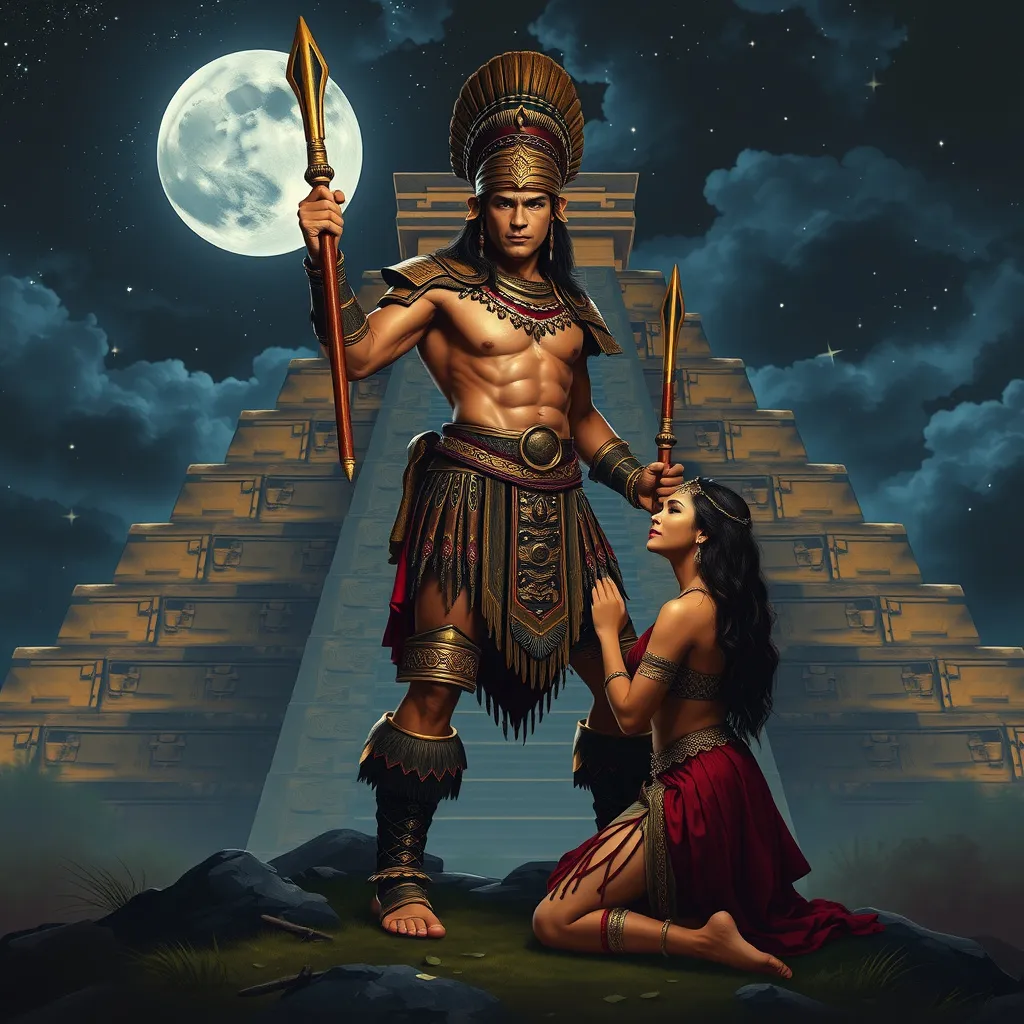 Prompt: an aztec warrior stand in a hero pose. An aztec princess kneeling at his feet with a aztec temple in the background behind a night sky
