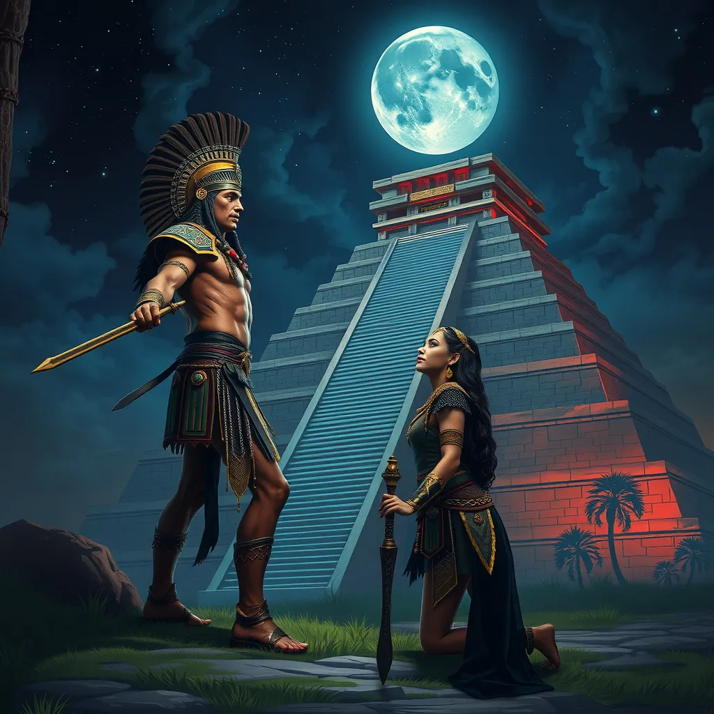 Prompt: an aztec warrior stand in a hero pose. An aztec princess kneeling at his feet with a aztec temple in the background behind a night sky
