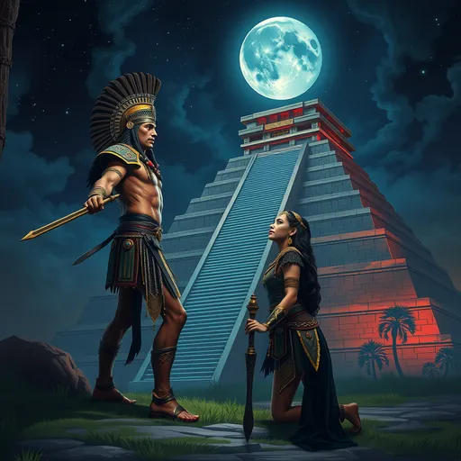 Prompt: an aztec warrior stand in a hero pose. An aztec princess kneeling at his feet with a aztec temple in the background behind a night sky
