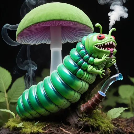 Prompt: a giant green caterpillar sitting a iridescent mushroom smoking a water pipe exhaling smoke into the air.