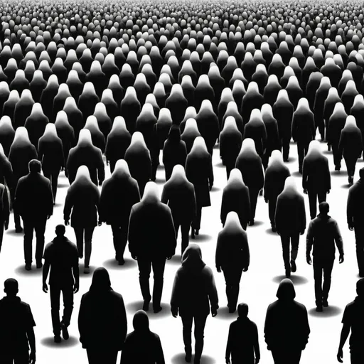 Prompt: a mass of faceless people as a person walking in the opposite direction