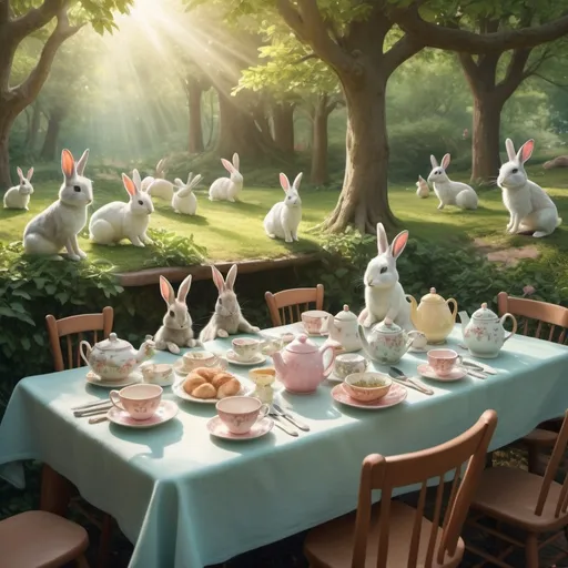 Prompt: a long table with various dishes, teppots, and tea cups with rabbits sitting at the table
