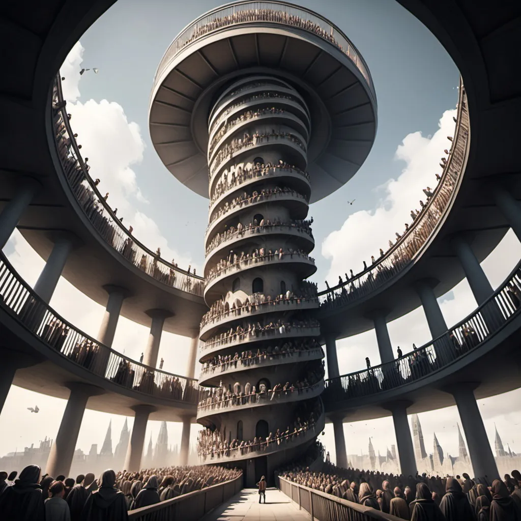 Prompt: a spiraling tower with thousands of faceless people going up the tower on boy in a cape walks down.