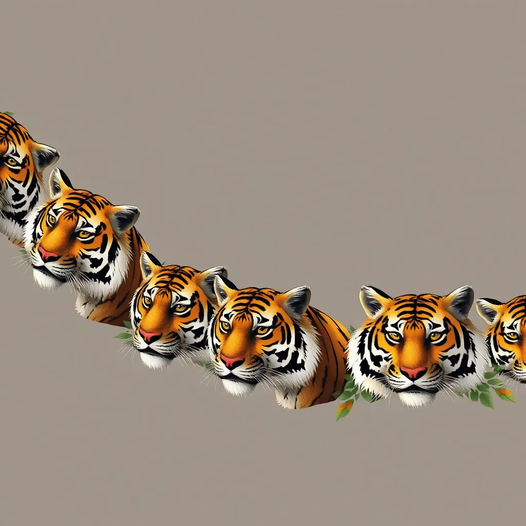 Prompt: Créez une image réaliste d'une guirlande ou bande décorative composée de tigres alignées de manière artistique. Chaque tête de tigre doit être réaliste et détaillée, montrant leurs expressions majestueuses et féroces. Les tigres peuvent avoir différentes positions de tête (face, profil, légèrement inclinée), mais doivent être alignés comme dans une frise ou une bande continue. Les détails du pelage, des rayures noires et de leurs yeux perçants doivent être bien mis en valeur. La bande doit avoir un fond simple ou transparent pour faire ressortir les têtes de tigres. Ajoutez des éléments subtils comme des feuilles ou des motifs tribaux pour encadrer les tigres, mais gardez l'attention centrée sur eux."