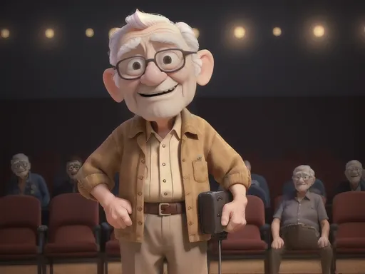 Prompt: Elderly man  holding a mike and singing infront of an audience 
