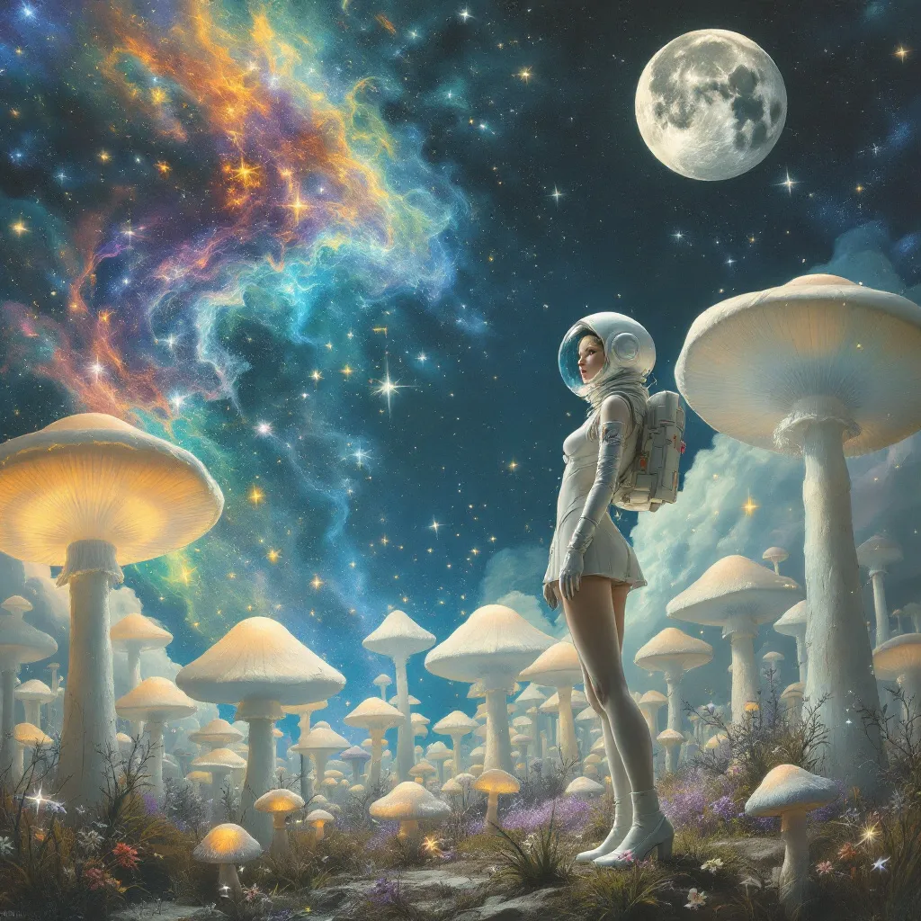 Prompt: James Jean, Salvador Dali, Man Ray,  Surrealism Mysterious Weird Fantastic Fantasy Sci-fi, Japanese Anime, Singing in the rain of falling star fragments, The broken moon, Nebula, Aurora Borealis, Miniskirt beautiful girl Astronauts, constellations, detailed masterpiece perspectives low high angles, mushrooms, forest