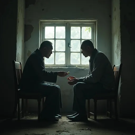 Prompt: Two Chinese men in a gloomy house with a window that shows a sad environment one of them passing the other medicine just 2 pills 
