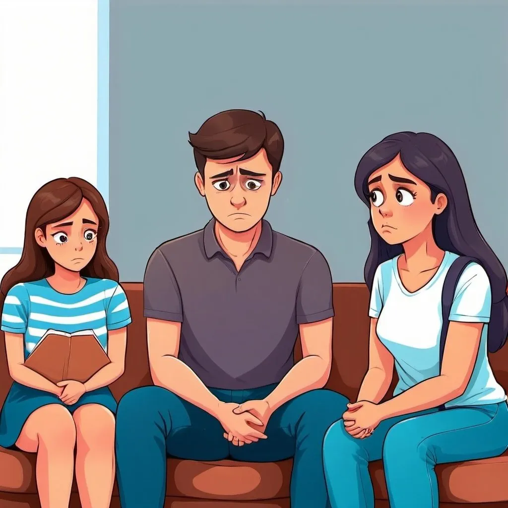 Prompt: A father, a mother and a teenage girl is attending psychological therapy, but the psychologist looks at the teenage girl with rejection.