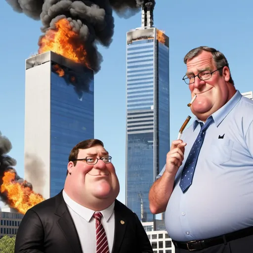 Prompt: Realistic depiction of Peter Griffin and George Bush smoking a bong, 2 office towers on fire in the background, text that says '2016 Melbourne City Council election', high quality, realism, detailed facial features, smoke effects, burning office towers, political satire, professional lighting, accurate likenesses