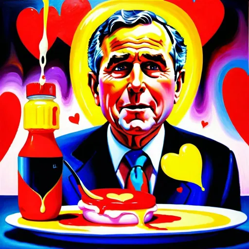 Prompt: Surrealism artwork of George Bush, mayonnaise love confession, vibrant and dreamlike, oil painting, whimsical details, high quality, surrealism, vibrant colors, dreamlike, oil painting style, detailed facial expression, unexpected concept, professional art, surreal lighting