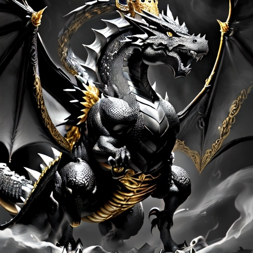 Prompt: (black and white) dragon, regal with a gold crown, intricate scales, fierce expression, majestic pose, swirling mist in background, creating an aura of power, dynamic shadows, highly detailed, artistic masterpiece, contrast between dark and light, ethereal atmosphere, HD quality