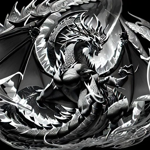 Prompt: (black and white) dragon, regal with a gold crown, intricate scales, fierce expression, majestic pose, swirling mist in background, creating an aura of power, dynamic shadows, highly detailed, artistic masterpiece, contrast between dark and light, ethereal atmosphere, HD quality