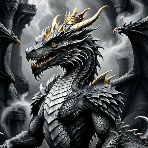 Prompt: (black and white) dragon, regal with a gold crown, intricate scales, fierce expression, majestic pose, swirling mist in background, creating an aura of power, dynamic shadows, highly detailed, artistic masterpiece, contrast between dark and light, ethereal atmosphere, HD quality