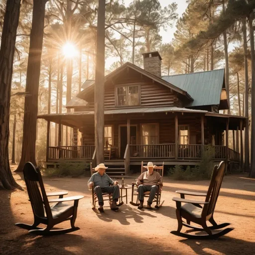 Prompt: A cabin with a wrap around porch , old married couple in rocking chairs, in the forest with sun rays coming through cypress trees with wild horses at sunset 