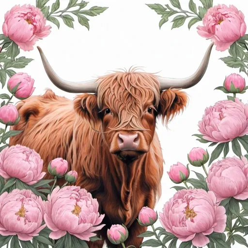 Prompt: drawing of a highland cow surrounded by peonies 