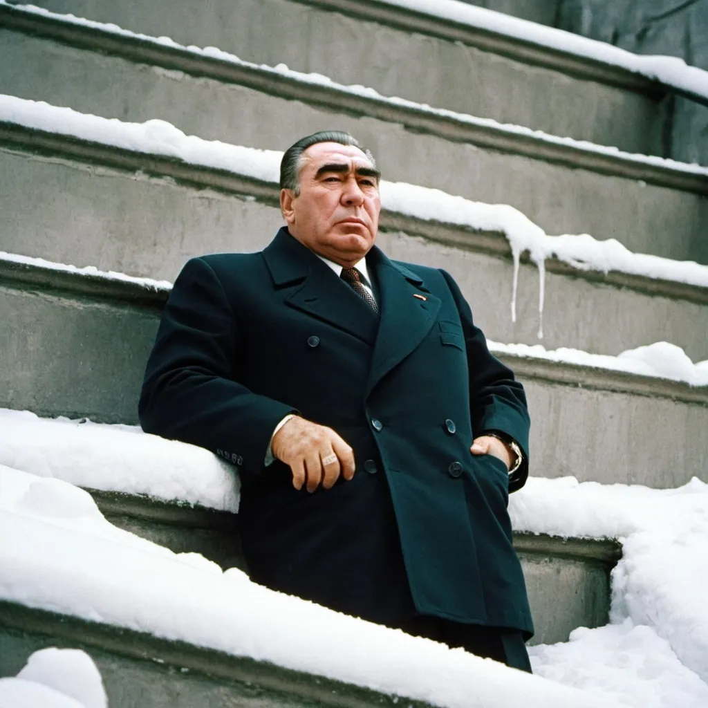 Prompt: Brezhnev is lying on the stairs in snow 
