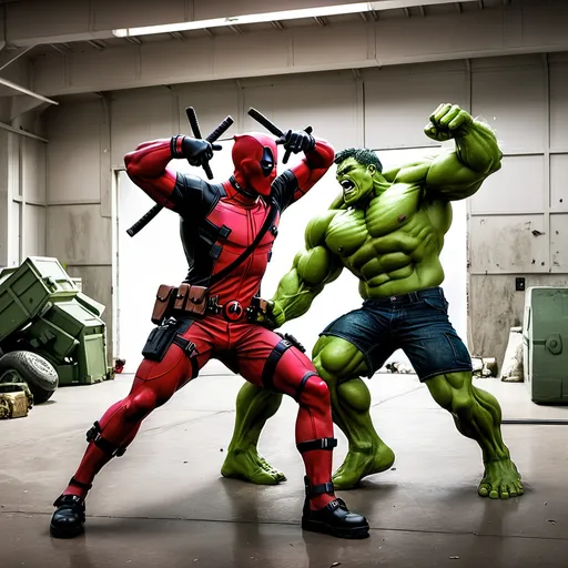 Prompt: Deadpool fighting with hulk in a military base