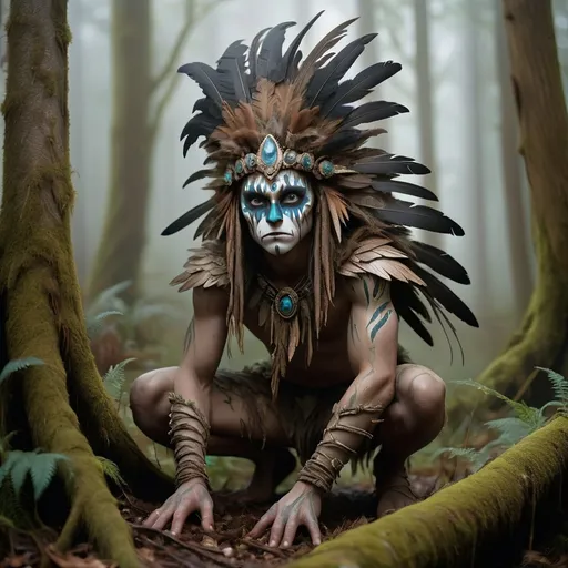 Prompt: Generate a highly detailed and atmospheric scene of a mystical forest creature crouching in a misty woodland setting. The creature has an otherworldly appearance, with intricate body paint resembling cracked earth, and wears elaborate feathered adornments, including a headdress made of dark and light feathers. The creature's face is partially masked, with sharp, angular features and intense, almost haunting eyes. The environment around is dense with fog, with tall trees and a moody, ethereal ambiance, emphasizing the creature's connection to the mystical forest.