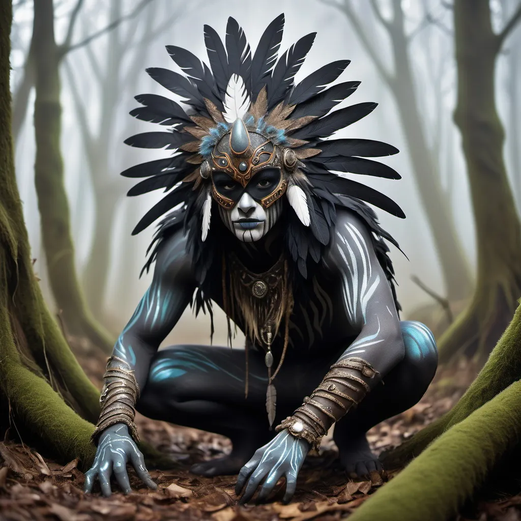 Prompt: Generate a highly detailed and atmospheric scene of a mystical forest creature crouching in a misty woodland setting. The creature has an otherworldly appearance, with intricate body paint resembling cracked earth, and wears elaborate feathered adornments, including a headdress made of dark and light feathers. The creature's face is partially masked, with sharp, angular features and intense, almost haunting eyes. The environment around is dense with fog, with tall trees and a moody, ethereal ambiance, emphasizing the creature's connection to the mystical forest.