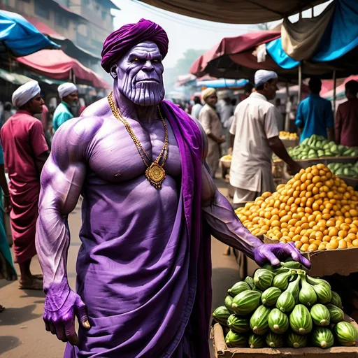 Prompt: Picture Thanos, the mighty Titan, selling eggplants in a lively Indian market. He's dressed in vibrant traditional Indian attire-kurta, dhoti, and a turban. His imposing figure stands behind a stall brimming with fresh eggplants, surrounded by the rich scents and sounds of the bustling market. Describe the scene, focusing on the contrast between Thanos' presence and his new role. How do locals react, and what humorous or surprising interactions occur?