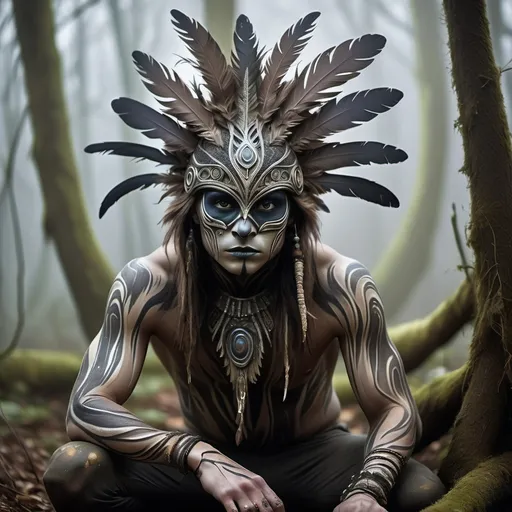 Prompt: Generate a highly detailed and atmospheric scene of a mystical forest creature crouching in a misty woodland setting. The creature has an otherworldly appearance, with intricate body paint resembling cracked earth, and wears elaborate feathered adornments, including a headdress made of dark and light feathers. The creature's face is partially masked, with sharp, angular features and intense, almost haunting eyes. The environment around is dense with fog, with tall trees and a moody, ethereal ambiance, emphasizing the creature's connection to the mystical forest.