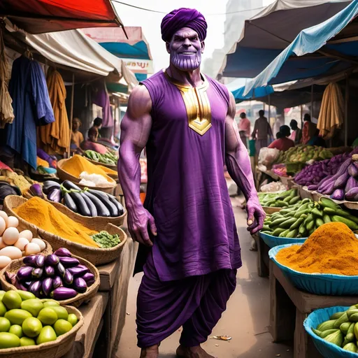 Prompt: Picture Thanos, the mighty Titan, selling eggplants in a lively Indian market. He's dressed in vibrant traditional Indian attire-kurta, dhoti, and a turban. His imposing figure stands behind a stall brimming with fresh eggplants, surrounded by the rich scents and sounds of the bustling market. Describe the scene, focusing on the contrast between Thanos' presence and his new role. How do locals react, and what humorous or surprising interactions occur?