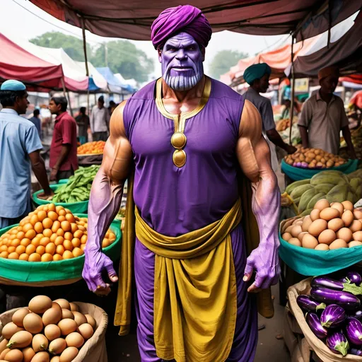 Prompt: Picture Thanos, the mighty Titan, selling eggplants in a lively Indian market. He's dressed in vibrant traditional Indian attire-kurta, dhoti, and a turban. His imposing figure stands behind a stall brimming with fresh eggplants, surrounded by the rich scents and sounds of the bustling market. Describe the scene, focusing on the contrast between Thanos' presence and his new role. How do locals react, and what humorous or surprising interactions occur?