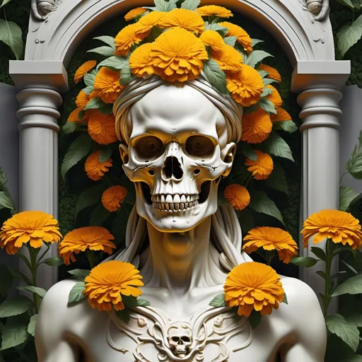 Prompt: Create a highly detailed and surrealistic digital art piece of a statue with a skull-like face integrated with nature. The statue should have intricate carvings resembling aged ivory or bone, with hollow eyes framed by blooming golden marigolds. The entire figure should be interwoven with vibrant flowers and lush green leaves, giving the appearance that the statue is both ancient and alive. The background should be a mystical, dense forest with soft, ambient lighting that highlights the ethereal and magical quality of the scene. Ensure the flowers and leaves appear fresh and vibrant, contrasting with the aged texture of the statue.