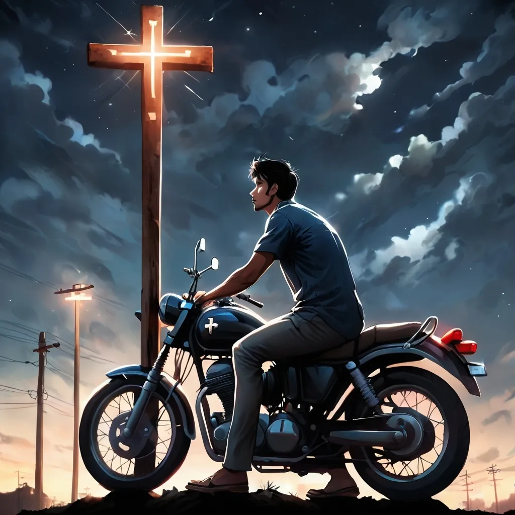 Prompt: a man sitting on a motorcycle looking at the sky with a cross in the background and a pole in the background, Bikash Bhattacharjee, samikshavad, dark night, a picture