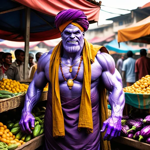 Prompt: Picture Thanos, the mighty Titan, selling eggplants in a lively Indian market. He's dressed in vibrant traditional Indian attire-kurta, dhoti, and a turban. His imposing figure stands behind a stall brimming with fresh eggplants, surrounded by the rich scents and sounds of the bustling market. Describe the scene, focusing on the contrast between Thanos' presence and his new role. How do locals react, and what humorous or surprising interactions occur?