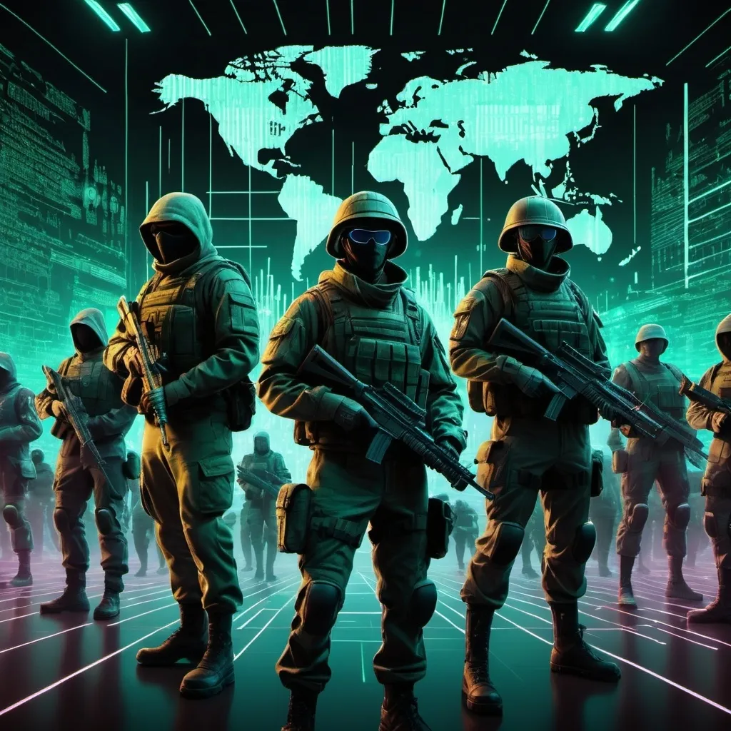 Prompt: A combined image of a regular army and a hacker army. One side shows traditional soldiers with rifles and tanks, while the other has hackers in futuristic gear with glowing screens and binary code. The two sides blend in the center, merging physical combat with digital warfare. Use earthy tones for the soldiers and neon hues for the hackers.