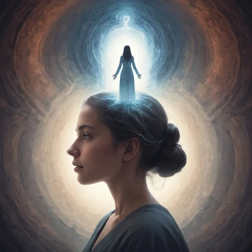 Prompt: Please create a 630 x 500 Image that features one Sister exploring the mind of the other Sister. The Image should show the first Sister literally entering the mind of the second sister, but this this should be a highly spiritual, beautiful, and abstract image. No gore or blood should be present, and the image of the first sister entering the second sisters mind should seem meta physical and magical even. The image should also be quite minimalistic and should only feature a few colors. Additionally, this should Image should be drawn like a Video Game Cover Box, so the title of this hypothetical game "Inside Her World" should be present at the top of the image. Additionally, the image should feel warm and welcoming, with more vibrant colors! The TITLE "inside Her World" must be present WRITTEN IN FONT at the top of the image!
