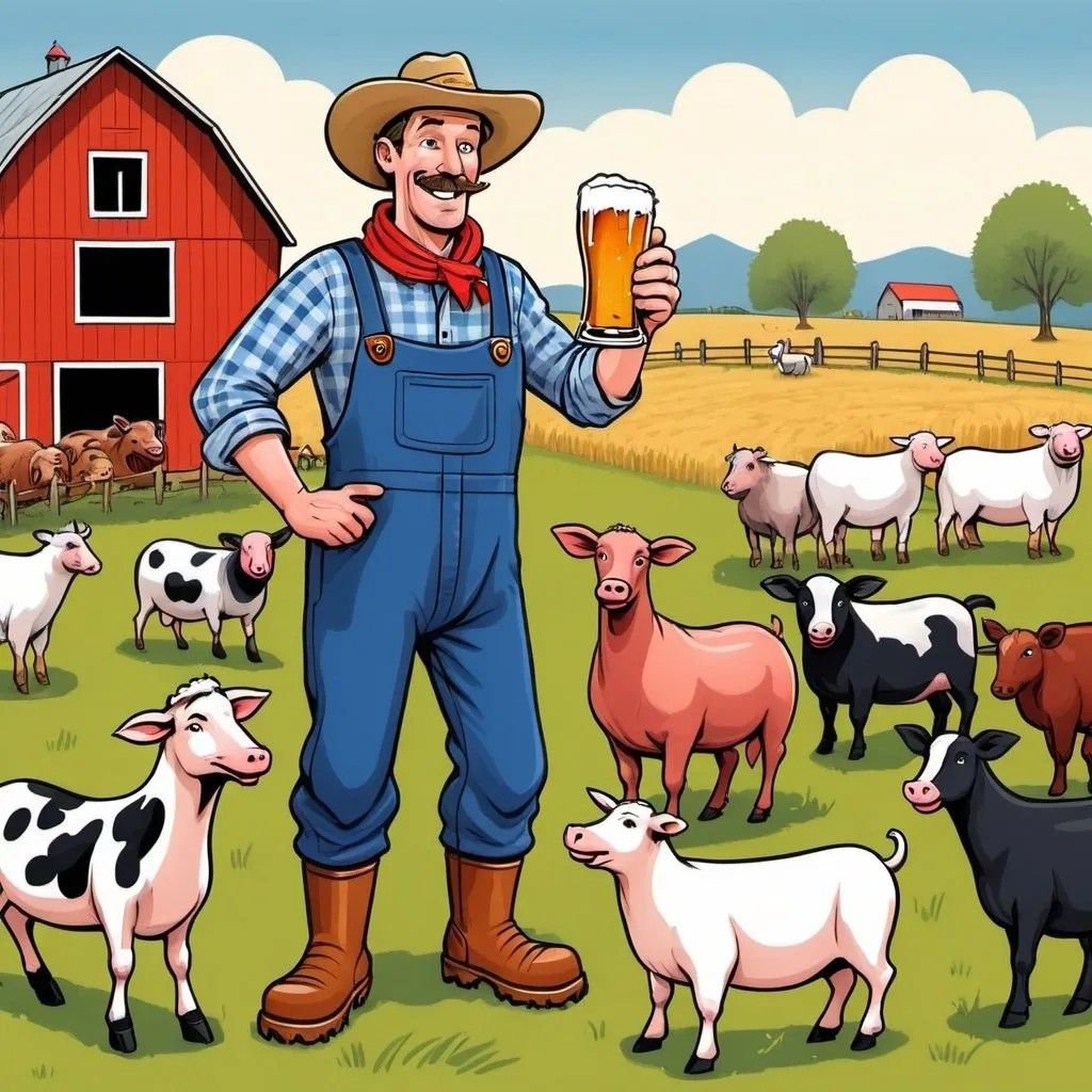 Prompt: cartoon of crazy farmer with beer and sausage in blue coverall with boots and small red handkerchief around his neck in a field with farm animals


