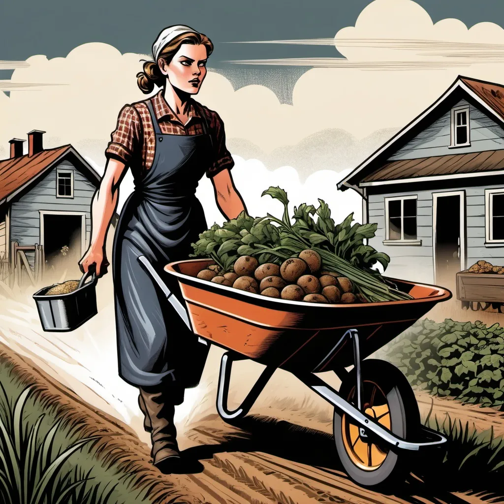 Prompt: Woman farmer, pushing a wheelbarrow, detailed, dark colors, dramatic, graphic novel illustration,  2d shaded retro comic book