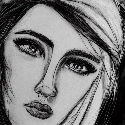 Prompt: Scribble Art portrait of a girl, slender body, average height, white skin, hazel eyes, sculpted eyebrows, narrow nose, thin face, blond hair, shadding