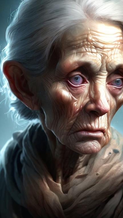 Prompt: a full image of a old lady, starved, complex, fantasy, dramatic, orherworldly, fea element, intricate, digital painting, artstation, smooth, sharp focus, illustration,