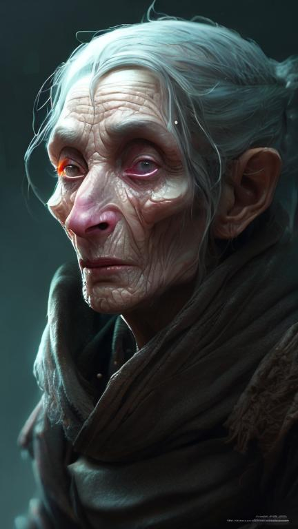 Prompt: a full image of a old lady, starved, complex, fantasy, dramatic, orherworldly, fea element, intricate, digital painting, artstation, smooth, sharp focus, illustration,