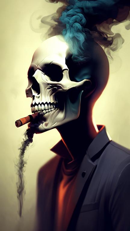 Prompt: a image of someone smoking, smoke looks like skull, long cigarrete, complex, fantasy, dramatic, orherworldly, fea element, intricate, digital painting, artstation, smooth, sharp focus, illustration,