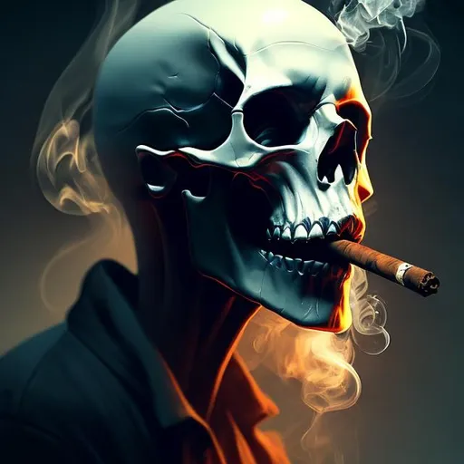 Prompt: a image of someone smoking, smoke looks like skull, long cigarrete, complex, fantasy, dramatic, orherworldly, fea element, intricate, digital painting, artstation, smooth, sharp focus, illustration,